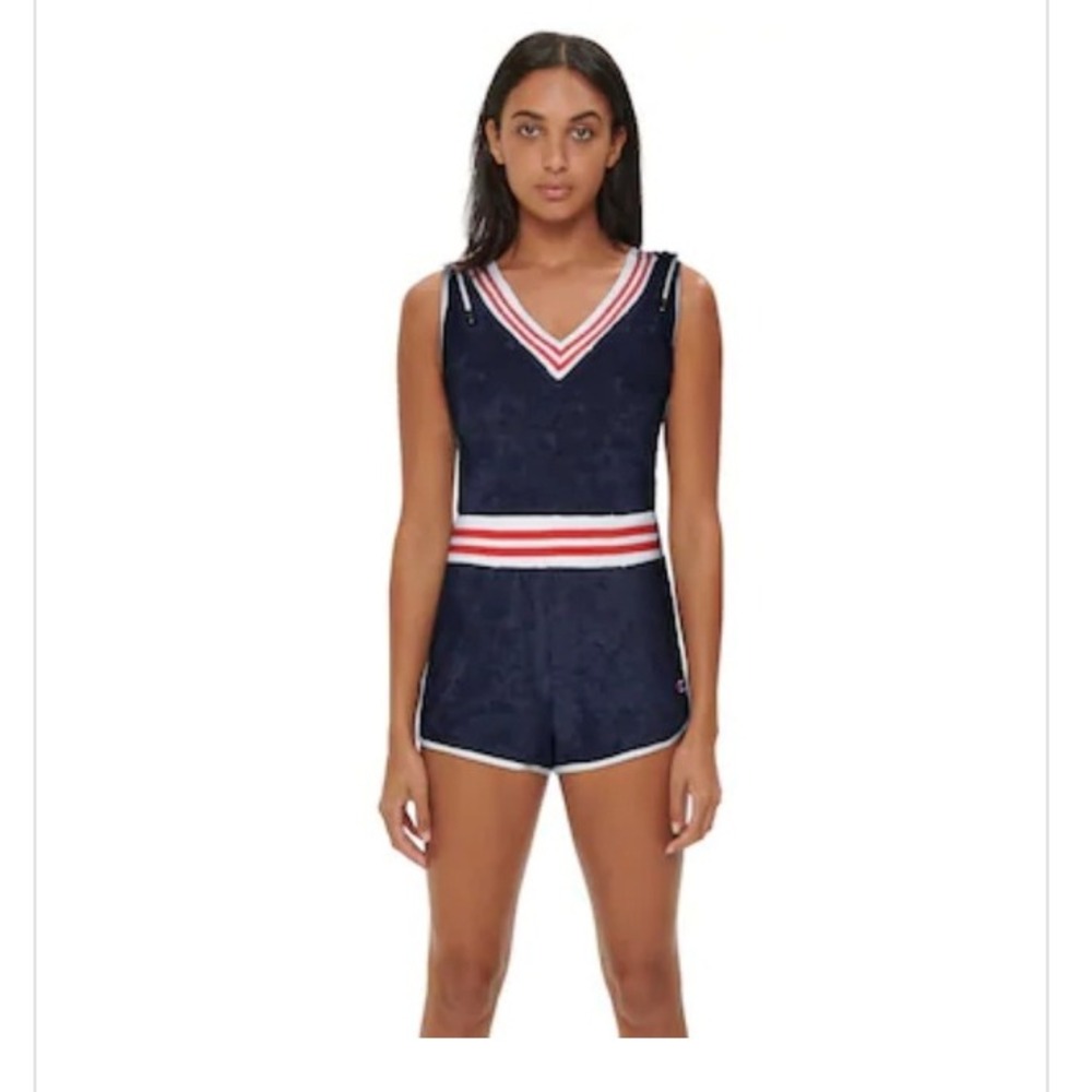 Champion Womens Navy Terry Cloth Hooded Romper V-Neck Striped Trim Small
